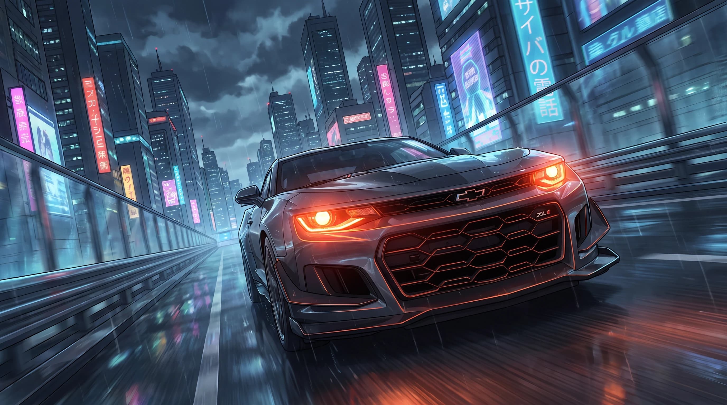 Chevrolet Camaro ZL1 2020 года, едет по дороге, эпичный ракурс, горящие фары, шедевр, крупный план, стиль аниме с реалистичными деталями, киберпанк,