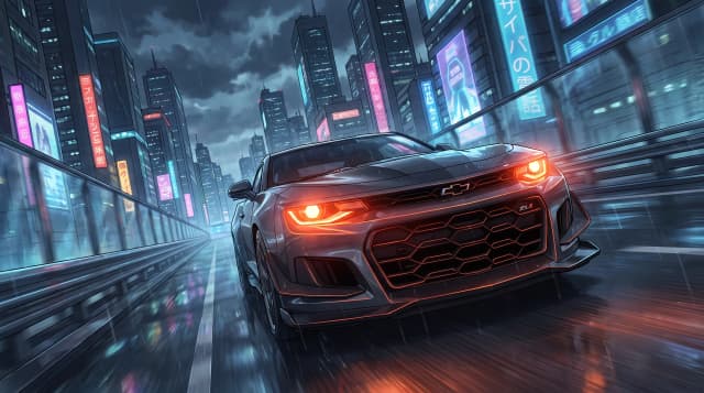 Chevrolet Camaro ZL1 2020 года, едет по дороге, эпичный ракурс, горящие фары, шедевр, крупный план, стиль аниме с реалистичными деталями, киберпанк,