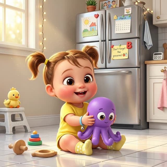 3D animation Pixar style. A gorgeous 10-month-old baby girl who looks exactly like the photo. She has huge, expressive, beautiful round dark eyes, and light brown hair tied into two cute little funny pigtails (ponytails) with yellow elastics on top of her head. She is wearing a bright yellow baby t-shirt. The baby is sitting on a clean kitchen floor, smiling happily, and holding a big bright purple toy octopus magnet. In the background, there is a silver family refrigerator. Bright sunny cozy atmosphere, cinematic light, Disney style, highly detailed, 8k resolution