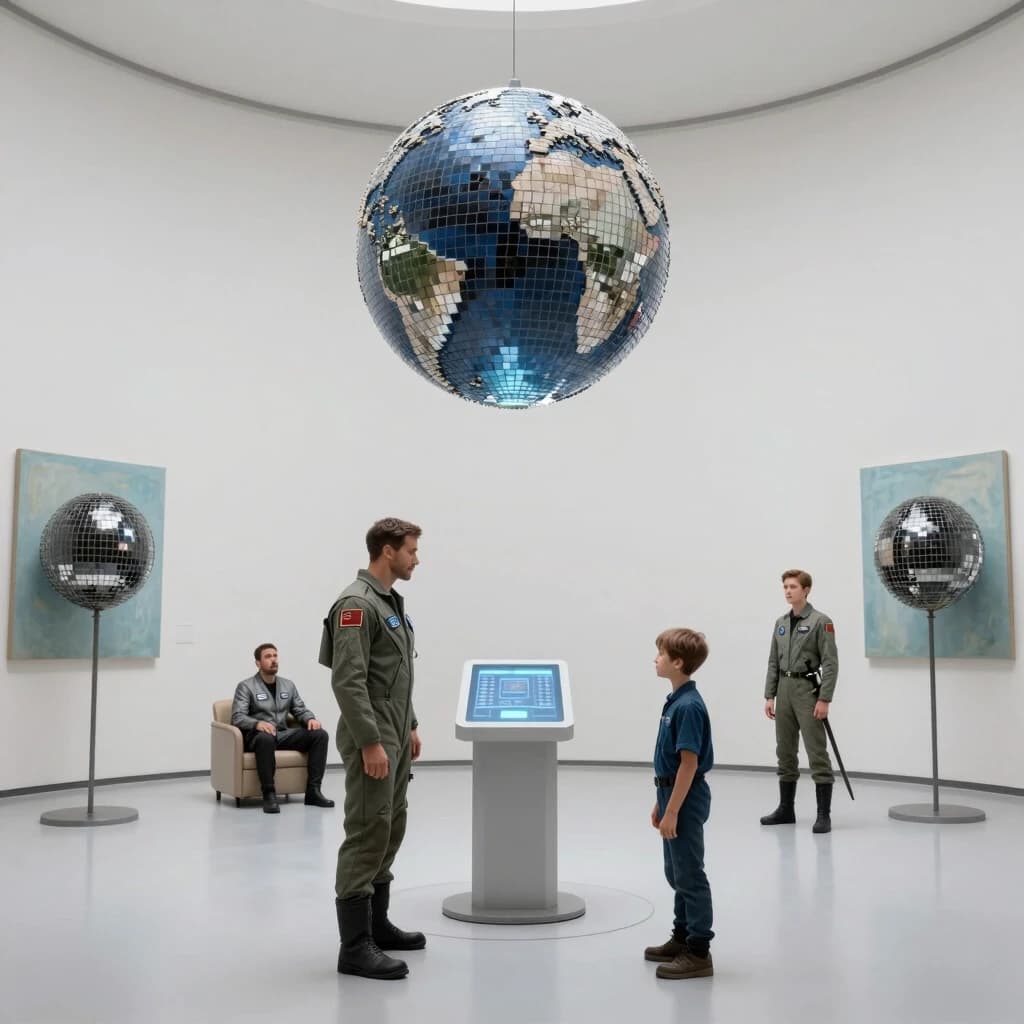 A large, semi-circular, white hall with no windows. Along the walls are sculptures depicting a ball on a very thin pillar. The walls are adorned with paintings depicting a ball on a pale blue background, with the surface of the ball covered in a mosaic pattern made up of numerous small black and mirror-like tiles, standing on a very thin pillar on a pale blue background. In the center of the hall is a holographic terminal. Standing near the terminal is a tall, muscular man in a flight suit without any insignia, accompanied by a 12-year-old boy. In the background, near the wall, a man in a silver-black suit is sitting on one of the soft chairs with a surprised expression on his face, while a young man in a flight suit with a thin sword on his belt is standing next to him. Above the holographic terminal, a three-dimensional image of the planet Earth is rotating, consisting of a mosaic pattern made up of numerous small black and mirror-colored tiles.