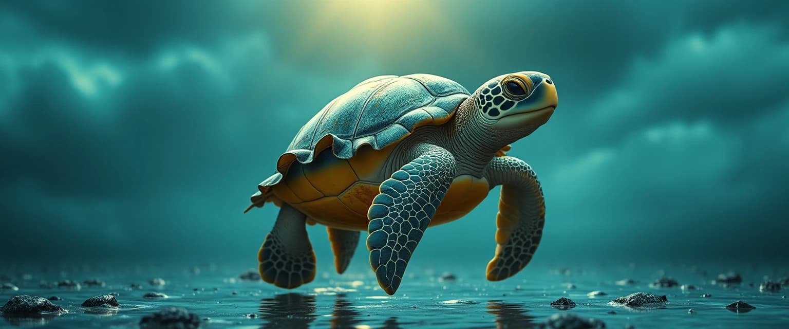 (designed by Camille Corot:1.2) , best quality, Kawaii slim (Green Sea Turtle:1.2) , it is wearing a [Cortavientos:Boyfriend jeans:17], The Ruffle top is Blue and Yellow, It has Tattersall ornaments on it, Walking away from camera, Stormy weather, Light, Cyberpop, psychedelic colors, magic atmosphere, perfect background, gorgeous, atmosphere, fantastic aesthetic