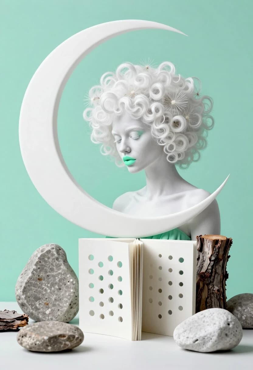 Description: Photorealistic detailed concept art in a minimalist style, various textures, stone and bark, aesthetic, attractive white albino woman looking down, mint lips, conceptual mint color and white, recording, really huge white hair curly hair white dandelion, perforated pages, French hairstyle, woman and giant mint crescent moon, mint background.