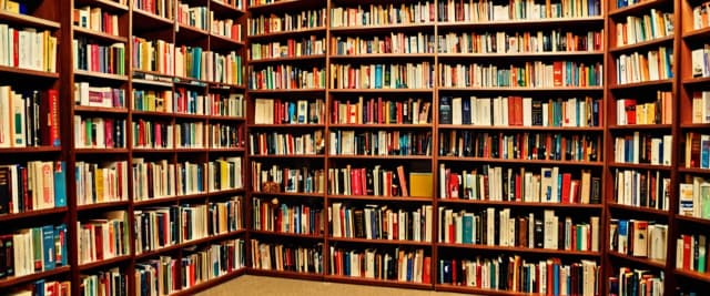 Книжные шкафы, заполненные книгами. Книги стоят и лежат, нет пустых мест.