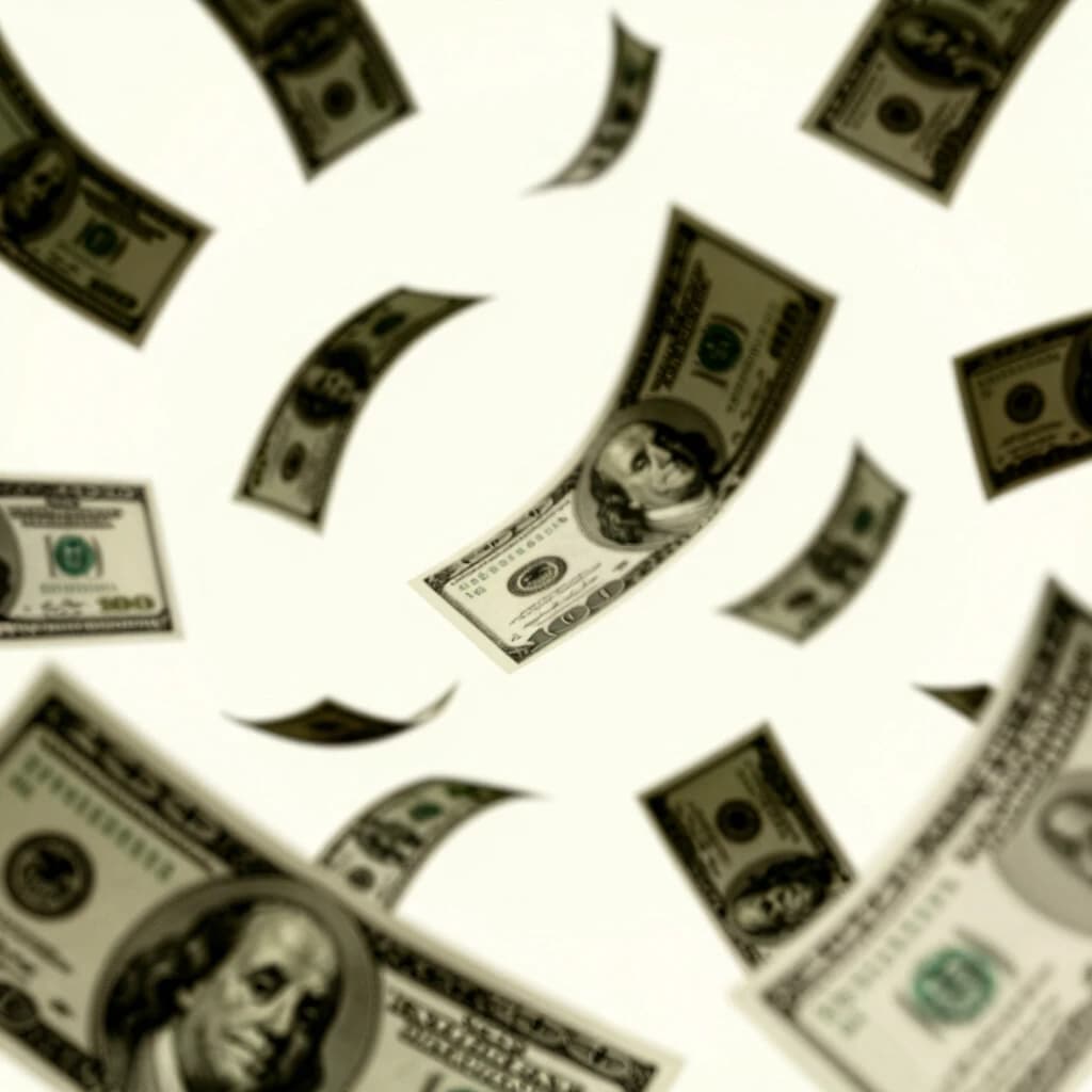 A close-up of a poster with money flying around, the album cover, no text