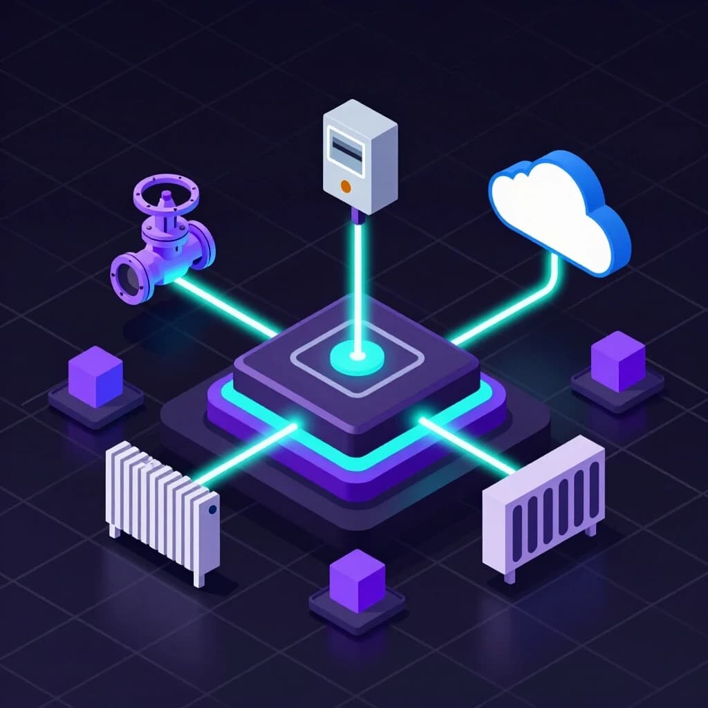Isometric 3D illustration of an Industrial IoT ecosystem. Central hub is a detailed industrial controller connected by glowing neon data lines to various floating objects: a valve, an electric meter, a radiator, and a cloud server icon. The background is a dark grid representing the digital twin of a building. Style: cyberpunk tech, glowing cyan and purple lines on a dark background, volumetric lighting, clean vector art style, futuristic. --ar 16:9