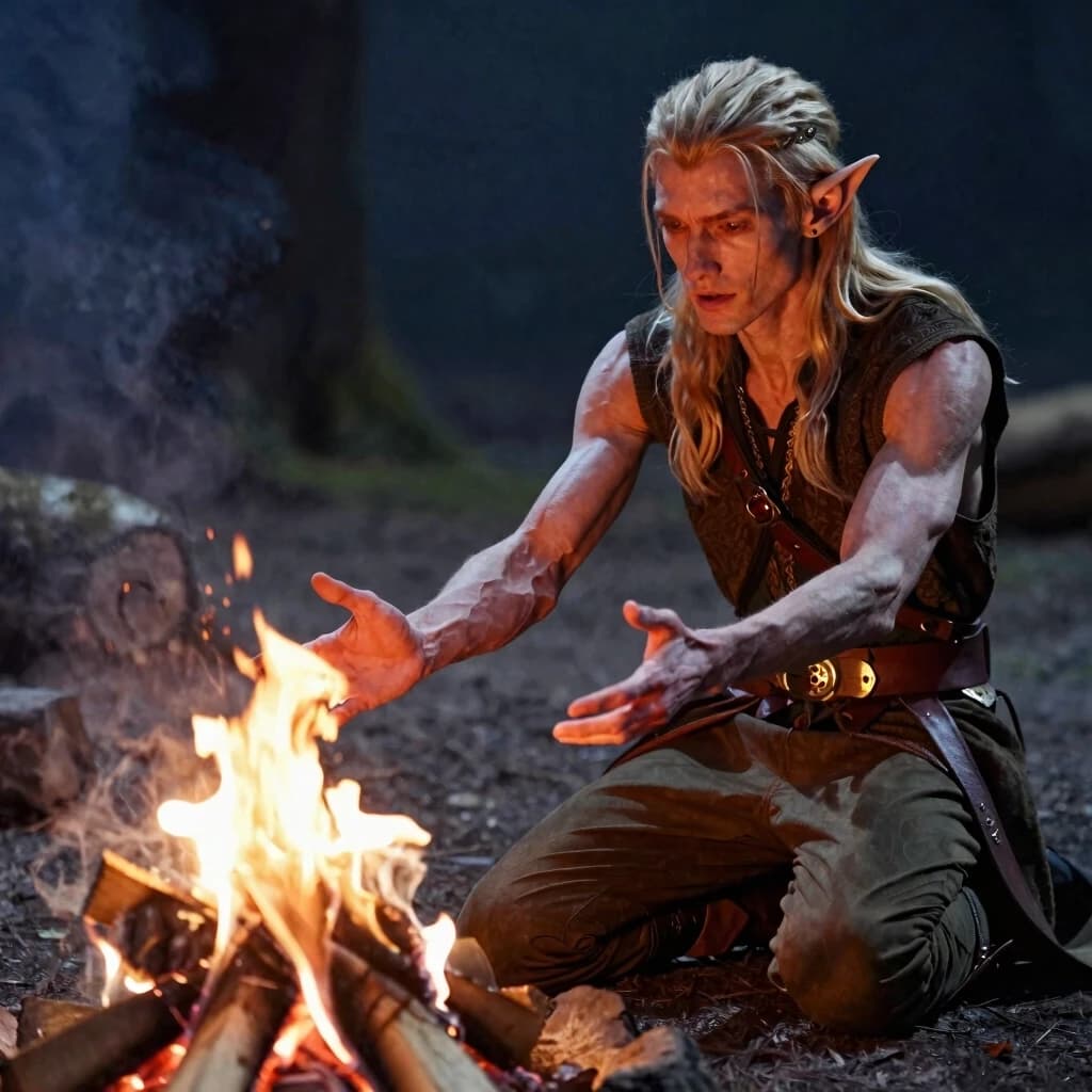 A slender, thin male elf is sitting on the ground, kneeling in front of a small campfire, and he is extending his hands toward it, palms facing the fire, to warm himself.