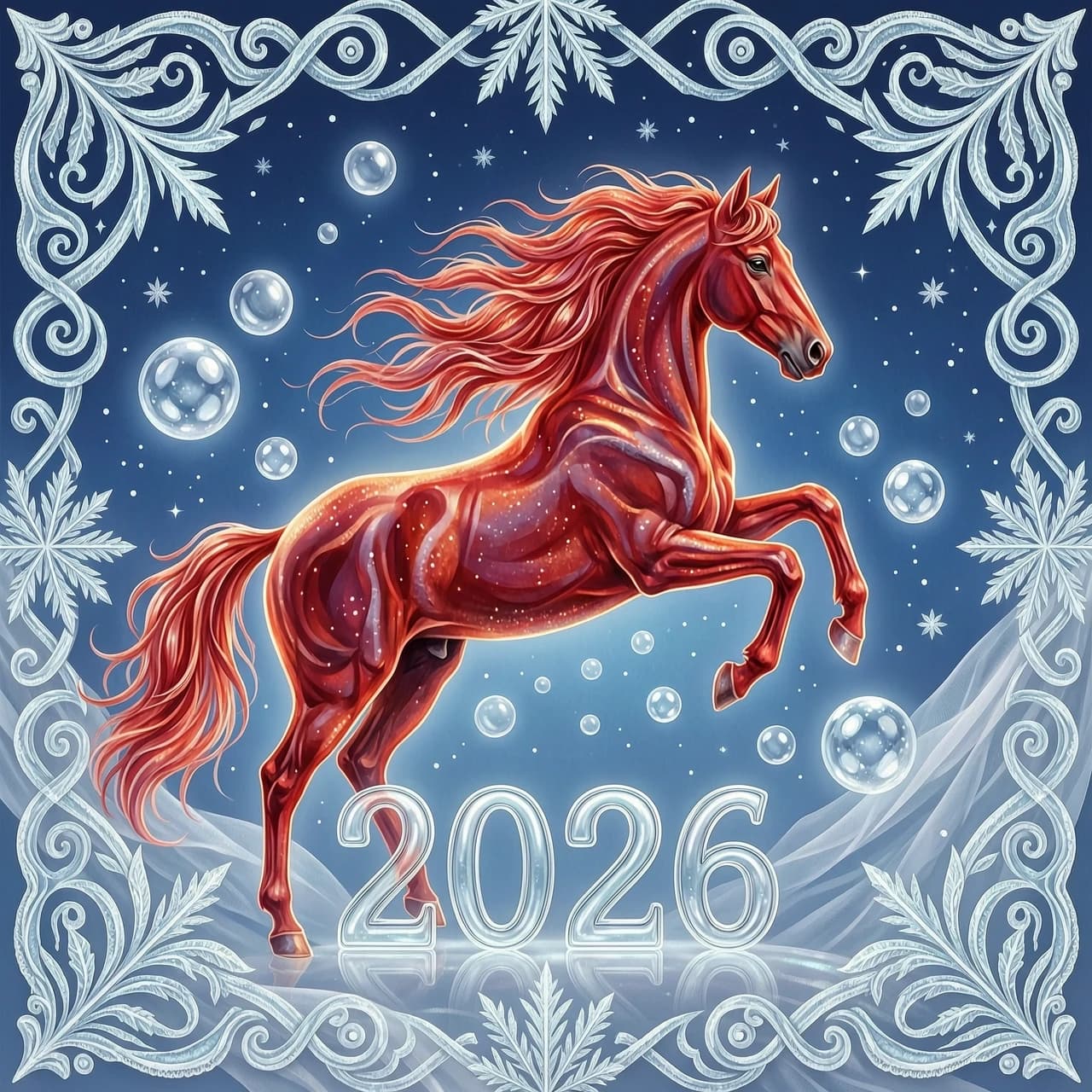 In the double exposure style. An ephemeral mythical creature in the form of a beautiful scarlet fiery horse with a long wavy mane collects the word "2026" from glass letters. In a jump. Background: bright blue night sky with grandiose continuous ornamental frosty patterns, zigzags, spirals of frost. Needles, transparent glass balls, silk, tulle. 
In the "Glitter" style: magical realism, natural symphony, shapes dissolve into color, lines flow like water, translucent layers with a watercolor texture, intricate ornaments at the corners of the composition.
Iridescence, lace, entourage, fantastic plot, New Year's tale, magic, whimsicality, originality. High detail, cinematic lighting, solemn festive atmosphere, realistic.