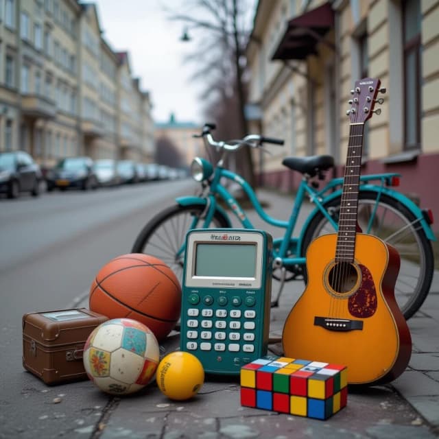 Предметы из прошлого. Советские вещи. Пейджер. Тамагочи. Гитара. Мячик. Кукла. Велосипед. Барабан. Кубик рубик. Все имеет старый вид. Без надписей. Все это лежит на фоне улицы Советского антуража. Все предметы пыльные. Не цветастые