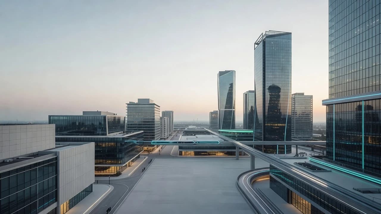 Широкоформатный фотореалистичный фон для деловой презентации о запуске месяца в ПАО МТС, инновационный город будущего на рассвете, современная городская архитектура из стекла, металла и светлого бетона, чистые улицы, технологичные транспортные линии, мягкое естественное освещение, тонкие голубые и бирюзовые световые акценты, спокойная нейтральная атмосфера, много свободного пространства в центре и слева для размещения текста, высокая детализация, премиальный корпоративный стиль, формат 16:9. Цветовая палитра: холодный серый, белый, графитовый, серебристый, приглушенный голубой и бирюзовый. Красный цвет практически отсутствует