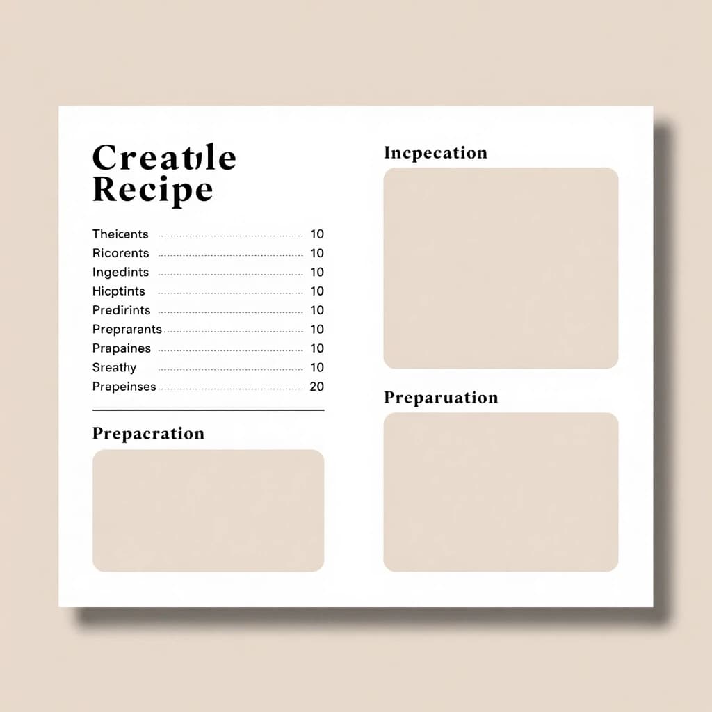 Create a recipe sheet design in an elegant, but modern, maybe rustic-boho style for a recipe book (two versions of the recipe sheet). A5 format. The recipe sheet should have 3 divisions: The title is the name of the recipe, a block with ingredients and a block with preparation, you also need a place for the photo, it can be either separate or a background. Use a limited color palette of 2-3 contrasting colors. The overall feel should be fresh, cozy and stylish.