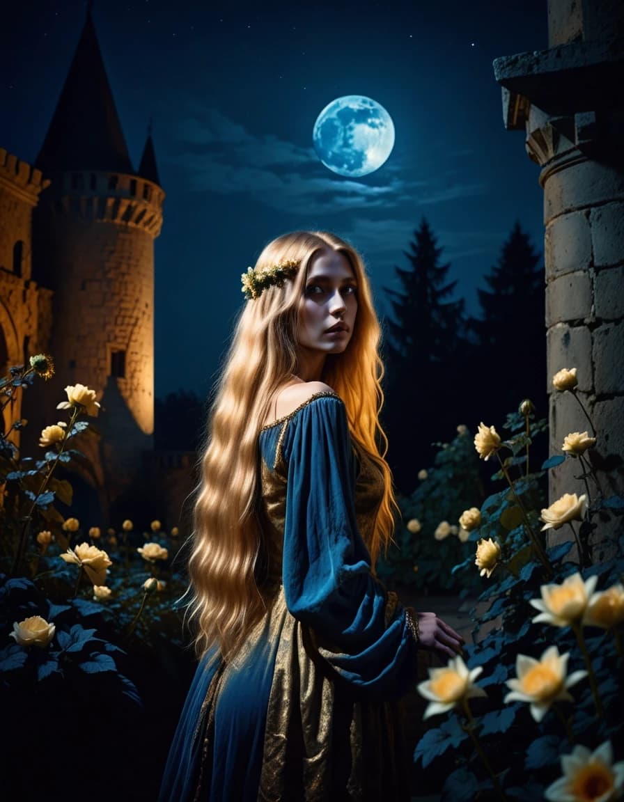 Atmospheric night scene photo. Zlatovlaska standing in a dark, ancient castle garden under the moonlight. Her long golden hair emits a soft, ethereal golden glow, illuminating the flowers around her. High contrast between cold blue moonlight and warm hair glow, magic realism