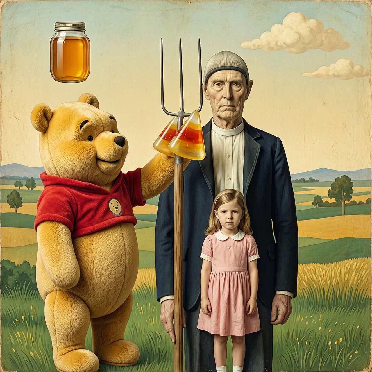 A hilarious and surreal maximalist collage: a giant, life-sized Winnie-the-Pooh plush toy stands in front of Grant Wood's "American Gothic". He is reaching out with his paw, trying to grab the farmer's pitchfork as if it were a giant piece of candy corn. The farmer and his daughter look on with their famous stern expressions, completely unamused. The background is a pastoral landscape with a jar of honey floating in the sky. The palette is warm honey yellows, deep greens, and the muted tones of the original painting. Hyper-detailed textures, nostalgic pop culture meets classic art. 9:16 vertical. No text.