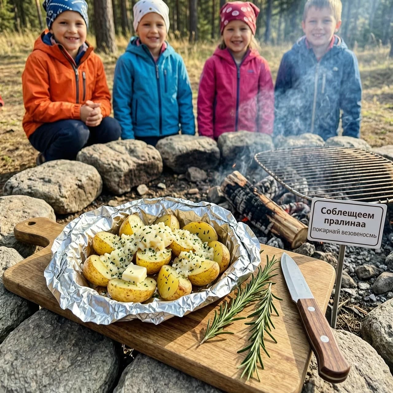 «Аппетитная запечённая картошка в слегка раскрытой фольге: видны кусочки сливочного масла, зелень и тёртый сыр. Картошка лежит на деревянной дощечке рядом с походным ножом и веточками розмарина. Чуть поодаль — угольки и решётка, всё аккуратно и безопасно: вокруг костра выложена каменная окантовка, рядом табличка „Соблюдаем правила пожарной безопасности“. На заднем плане — дети из 5 Г в ярких куртках и банданах, улыбаются. Солнечный день, тёплые оттенки, стиль реалистичной туристической съёмки, высокая детализация