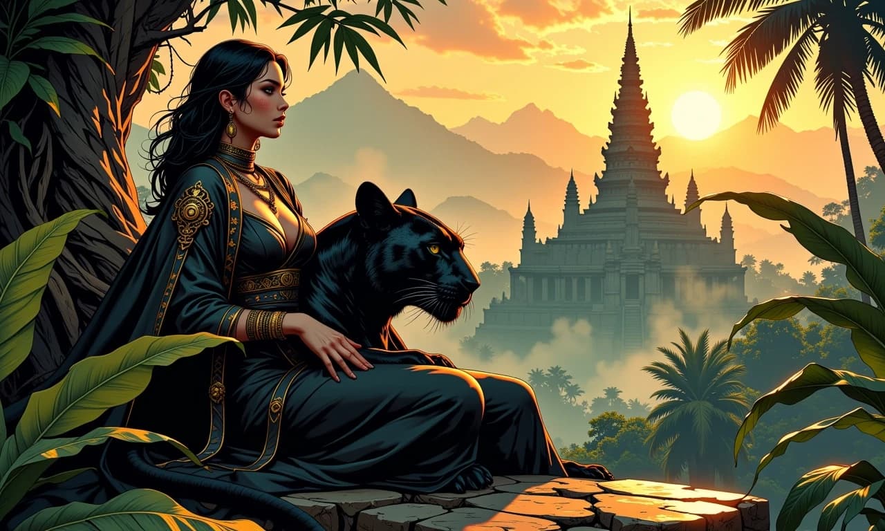A masterpiece,  in the style of the 1980s, with bold lines, dynamic strokes and rich textures, on background with a touch of nostalgia, perhaps with subtle drawings inspired by cellulose and vintage, worn textures similar to paper, oil painting, Cinematic, photorealistic scene of a dark-haired woman seated in the left foreground with a large black panther resting in her lap, both facing right, golden hour backlight and rim lighting accentuating wet skin, glossy fur, and intricate fabric; woman wearing a deep charcoal cloak with antique gold embroidery, layered ornate necklaces and dangling filigree earrings, slightly windblown hair, contemplative expression, warm highlights on cheekbones and collarbone, soft freckles, natural makeup. Background: misty tropical jungle with towering stepped stone temples and distant mountains, palm trees and dense foliage, low fog and volumetric sunbeams breaking through clouds, soft golden-orange sunset palette contrasted with deep green shadows. High detail textures—fabric weave, metal filigree, paw whiskers, leaf veins—shallow depth of field keeping subjects razor-sharp while temples remain atmospheric, dramatic composition with negative space top-right for title, ultra-detailed, high-resolution, cinematic color grading, subtle film grain, moody, mystical atmosphere. simple background celshading,