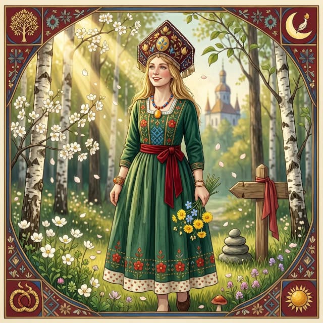 Russian Russians: A detailed portrait of a young woman of Slavic appearance from the 16th century in a traditional long Russian sundress and a traditional Russian cocoanut headdress, with blonde hair against the background of a spring blooming forest, in full growth. In the Glitter style: magical realism, natural symphony, shapes dissolve into color, lines flow like water, translucent layers with a watercolor texture, intricate ornaments at the corners of the composition.
High quality, 4k, octane, cinematic lighting, dramatic composition, eyes with increased detail, delicate skin texture, professional photography, depth of field, Leica camera, artstation trends, spectacular lighting, mystical atmosphere, detailed textures, volumetric lighting, works by Viktor Vasnetsov and Ivan Bilibin, gouache painting style, style Russian fairy tales, photorealism. An atmosphere of joy and serenity.