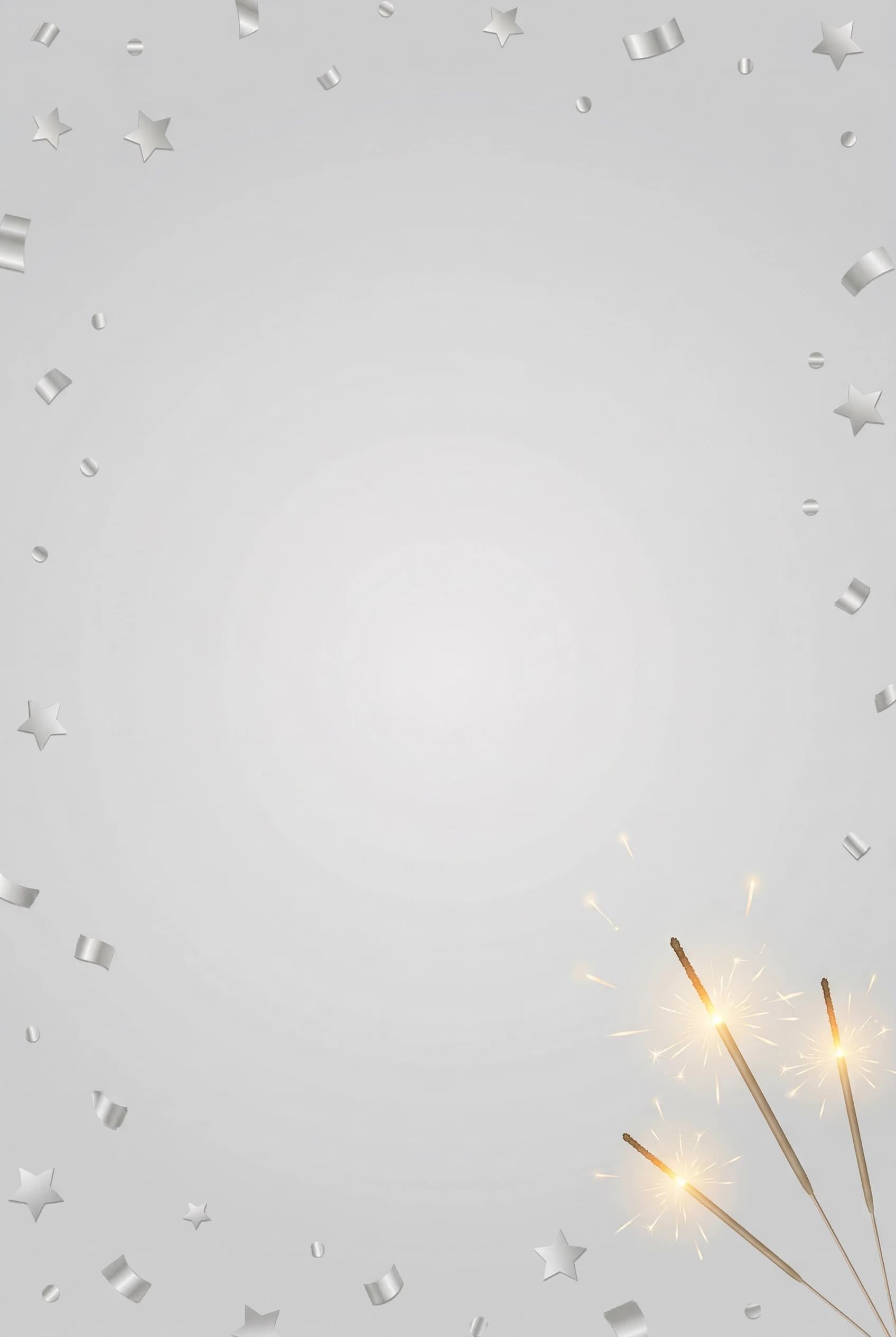 Create a minimalist congratulatory background in A4 format (210×297 mm). The main color is a soft, light gray (#D3D3D3) with a subtle gradient (slightly lighter in the center, very slightly darker near the edges) to add depth. The central area is completely empty, designed to accommodate text or an image.
Decorative elements:
* Along the edges of the frame, scatter silver confetti pieces of varying sizes and simple five‑pointed silver stars. Arrange them in a balanced, asymmetrical pattern.
* In the bottom right corner, depict 2–3 lit sparklers emitting soft golden sparks. Show the sparklers at different angles, with a gentle glow and a few floating sparks trailing upward.
Style: clean, modern, and elegant. Use a metallic silver (#C0C0C0) for the confetti and stars with a slight reflective sheen. The sparklers should have warm tones: golden yellow (#FFD700) and orange (#FFA500). Soft lighting, high detail, smooth textures.
