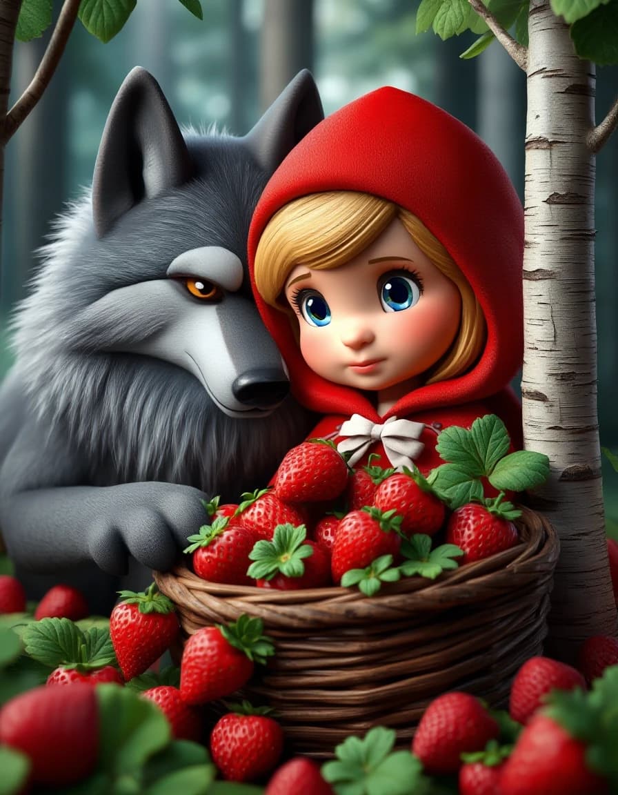 A masterpiece. Create an image. Three-dimensional image: ((Little Red Riding Hood in a red beret):1.6 and (A gray Wolf with sly, sly eyes)1.6 :ripe strawberries are harvested in a birch bark basket in the forest):1.6, clear edges, clear textures, volumetric composition, 3D depth, studio lighting, author's style, 8k resolution. Cartoon style. High detail and clear texture. High quality. Increased attention to small details. The aspect ratio is 3:4.