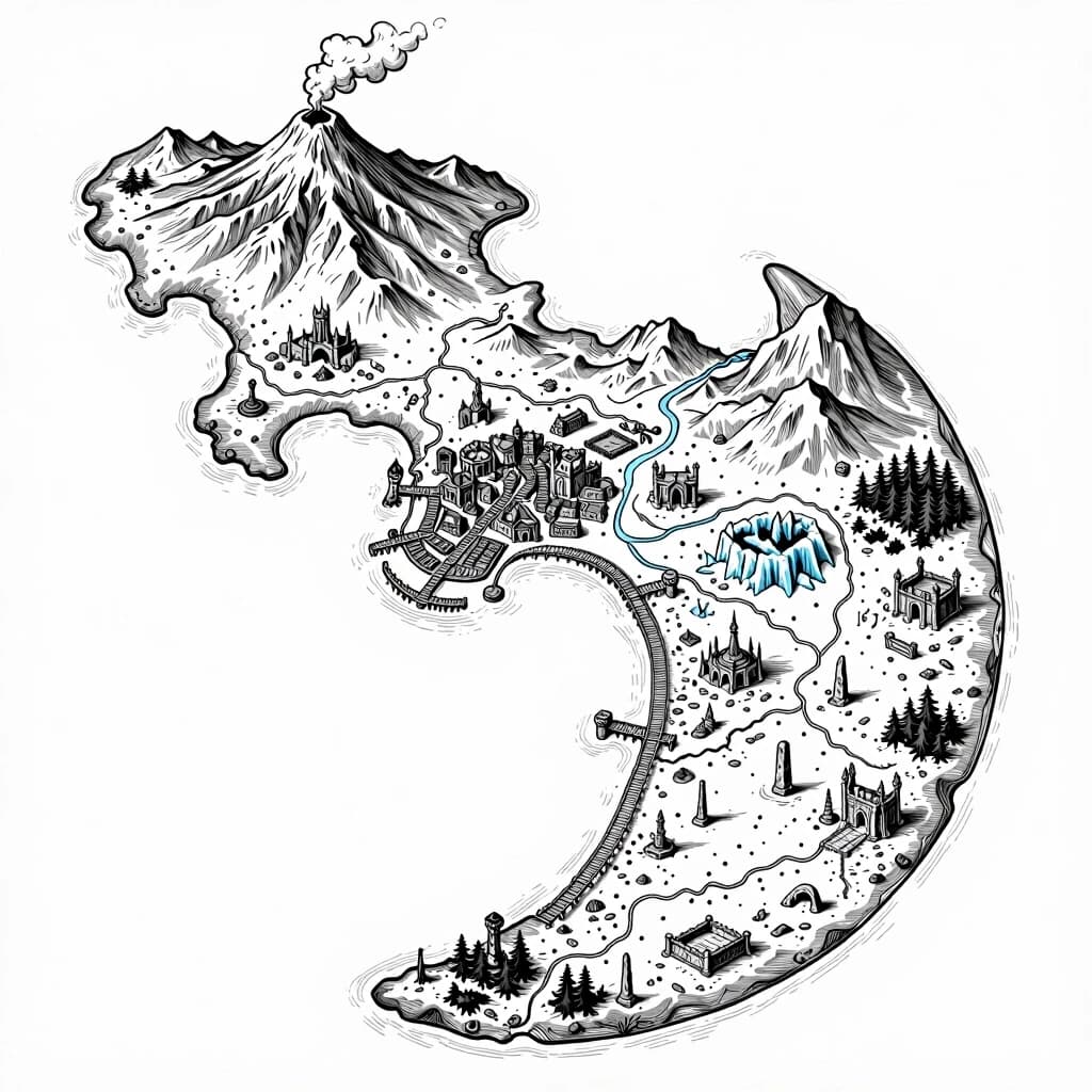 2D top-down authentic gritty dark fantasy large-scale strategic nautical map, high-detail medieval woodcut style, inspired by Tainted Grail: Fall of Avalon. Pure white background with sharp, ultra-thin black outlines, strictly borderless clean line art. The surrounding sea area is completely empty, plain, and vacant white space with fine vintage wave etching. Sharp, realistic coastlines feature smooth natural curves with blunt rounded tips and minimal, clean traditional dark fantasy cartography outline hatching to ensure clarity. The map depicts one single massive wide crescent-shaped island with a gentle curved silhouette, rendered as a detailed hand-drawn topography layout where numerous tiny points of interest are randomly scattered across its diverse territories, leaving plenty of empty space between them. At the highest peak and northern summit of the island sits a single massive smoking volcano. A detailed medieval fantasy seaport town with docks and piers is nestled inside the island's wide natural bay. Multiple winding rivers flow from the central mountains down into the sea. The rest of the island features randomly scattered landmarks including a few ruined castles, overgrown temples, abandoned cathedrals, ancient altars, swamps, ice caves, ice canyons, cursed monoliths, dark caves, burnt forests, wooden bridges, stone obelisks, rope bridges, ritual altars, lone watchtowers, deserted villages, plagued dungeons, and execution grounds. Every object, terrain line, and topographic feature is rendered exclusively as a hollow, high-contrast gritty medieval engraving line. Highly detailed masterwork.