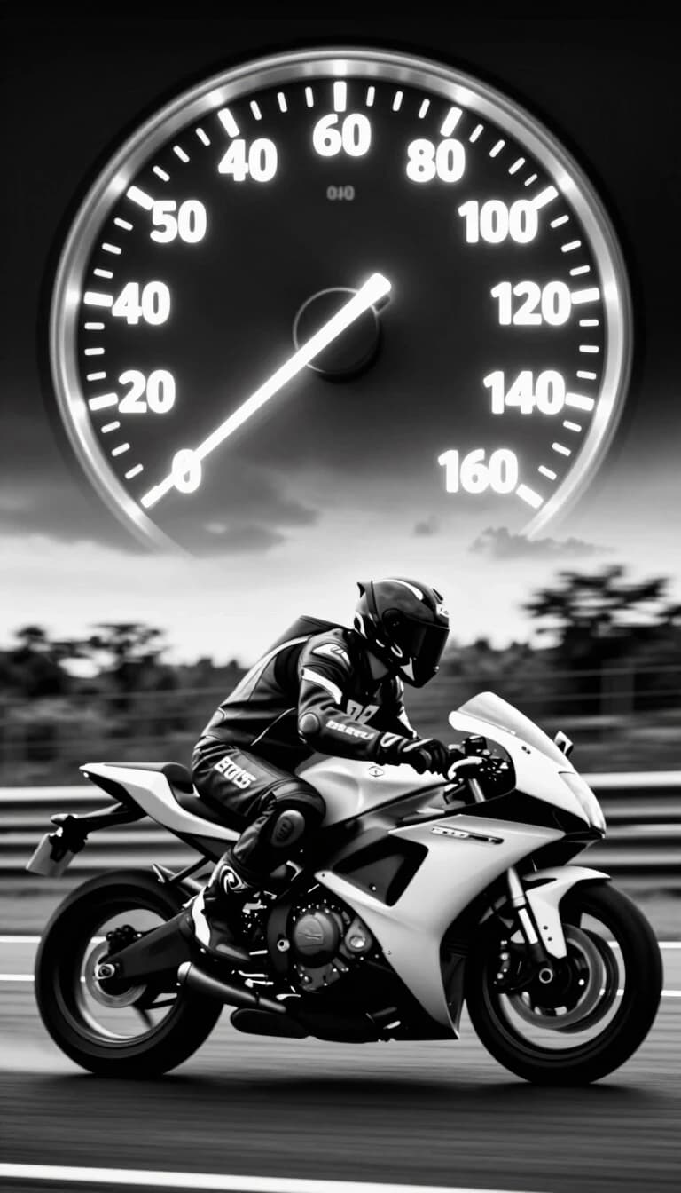 A striking black-and-white, high-speed shot of a motorcyclist on a racetrack; superimposed at the top of the frame is a large, glowing speedometer showing ascending increments—20, 40, 60, 80, 100, 120, 140, 160—with the needle pushed past the 160 mark. The motorcycle features a sleek, modern design, and the rider is clad in a full leather suit and helmet. A blurred background of trees and a cloudy sky accentuates the sense of motion and speed. The image’s overall aesthetic—rugged and dynamic—captures the raw thrill of extreme-speed riding.