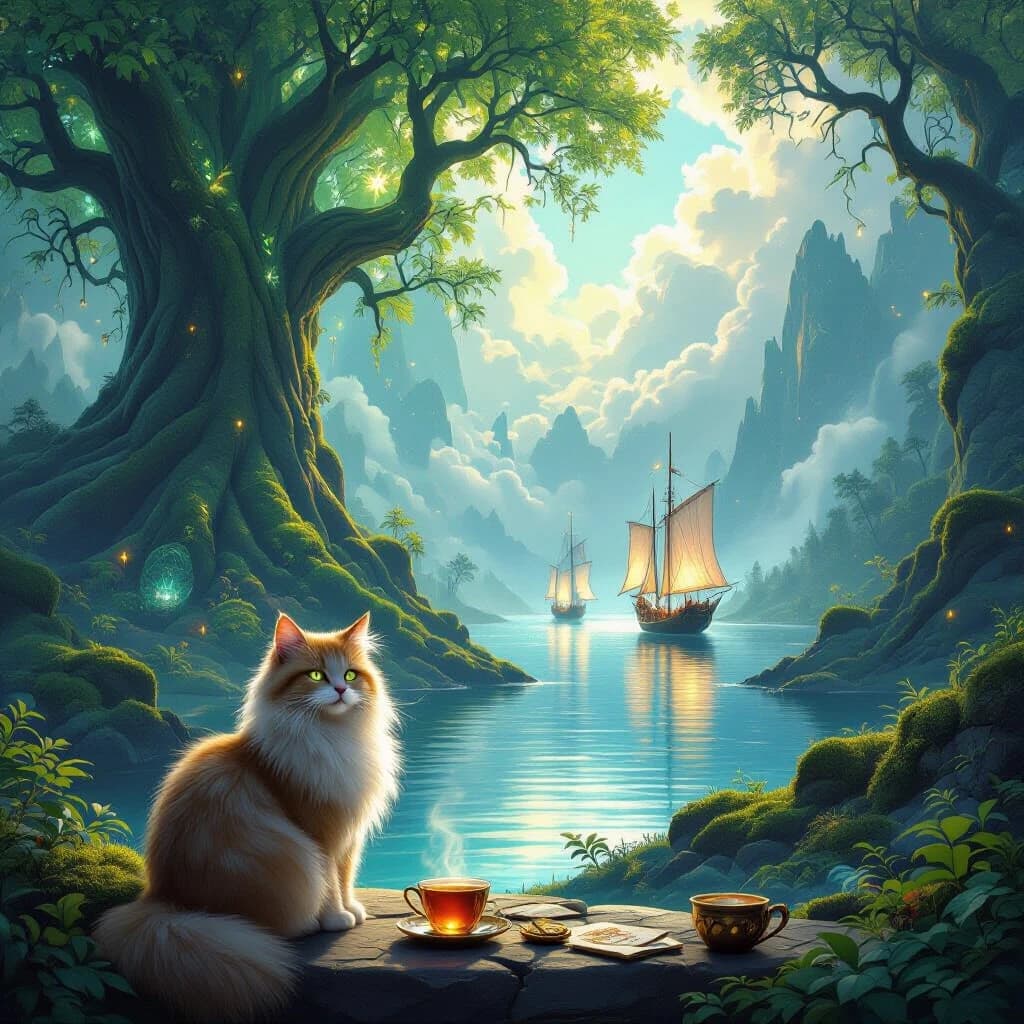 Epic fantasy digital painting, a magical glowing forest with towering ancient trees with bioluminescent leaves, lush green moss, and floating glowing spores. In the distance, a crystal-clear lake reflects fluffy white clouds and majestic sailing ships with glowing silver sails floating peacefully on the water. In the foreground, a wise fluffy cat sits on a stone ledge, looking at the viewer with glowing eyes. A mystical glowing compass and a cup of hot tea are on the table next to the cat. Soft ethereal sunlight breaking through the mist, cinematic volumetric lighting, deep rich colors, highly detailed, 8k, masterpiece, artstation style.