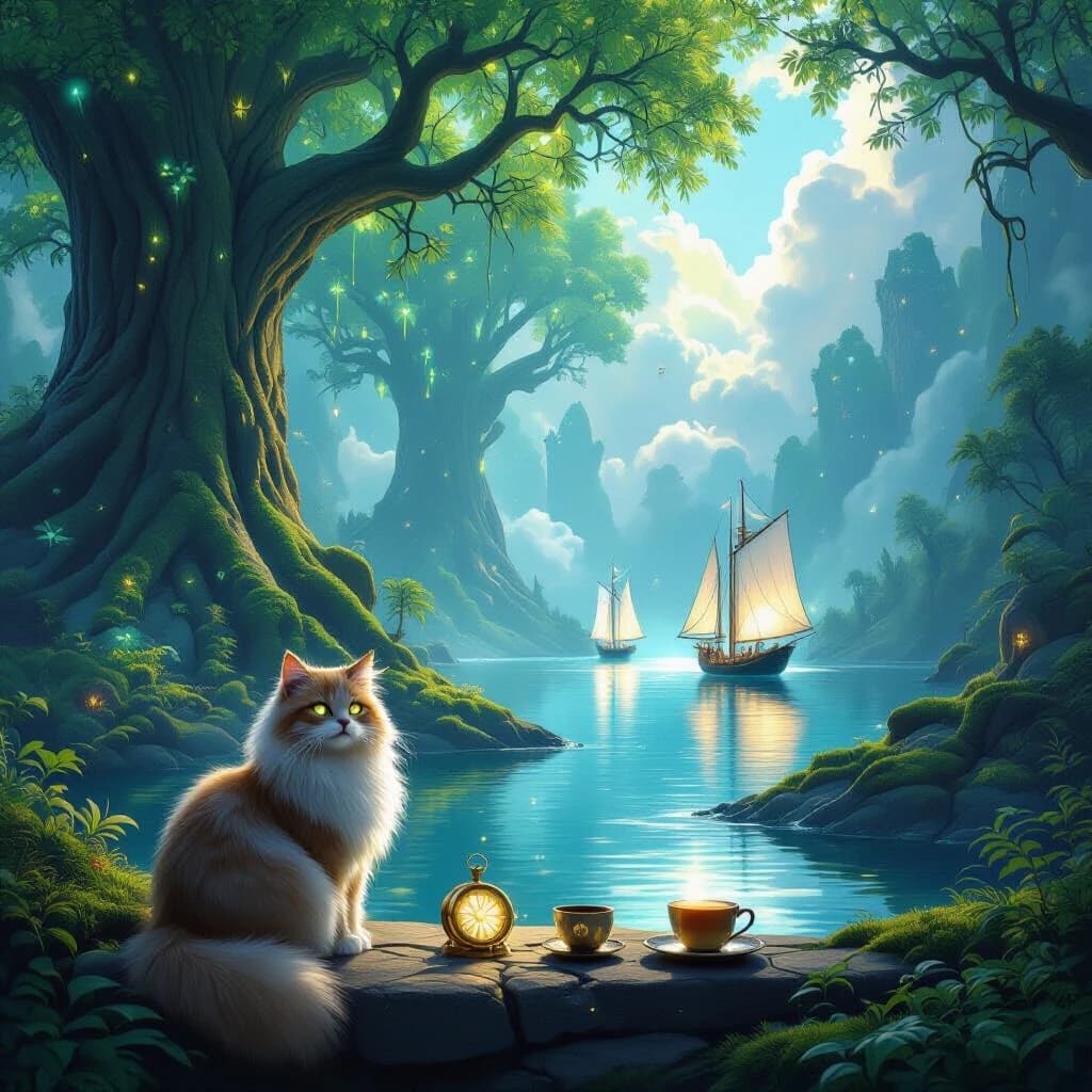 Epic fantasy digital painting, a magical glowing forest with towering ancient trees with bioluminescent leaves, lush green moss, and floating glowing spores. In the distance, a crystal-clear lake reflects fluffy white clouds and majestic sailing ships with glowing silver sails floating peacefully on the water. In the foreground, a wise fluffy cat sits on a stone ledge, looking at the viewer with glowing eyes. A mystical glowing compass and a cup of hot tea are on the table next to the cat. Soft ethereal sunlight breaking through the mist, cinematic volumetric lighting, deep rich colors, highly detailed, 8k, masterpiece, artstation style.