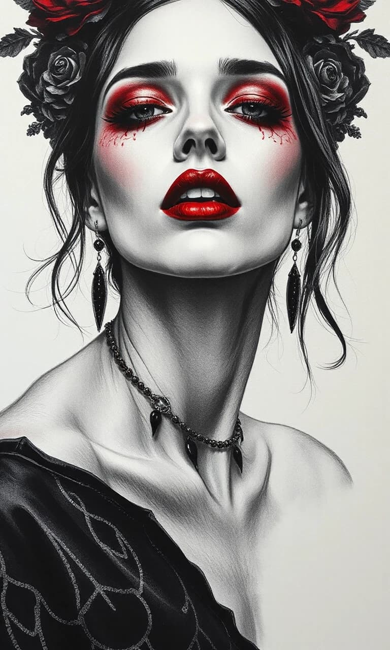 Aesthetics of black, red and white colors: An exquisite, sophisticated female image. Surrealism, fantasy, dark esotericism. Drawing details, techniques, and stylistics.