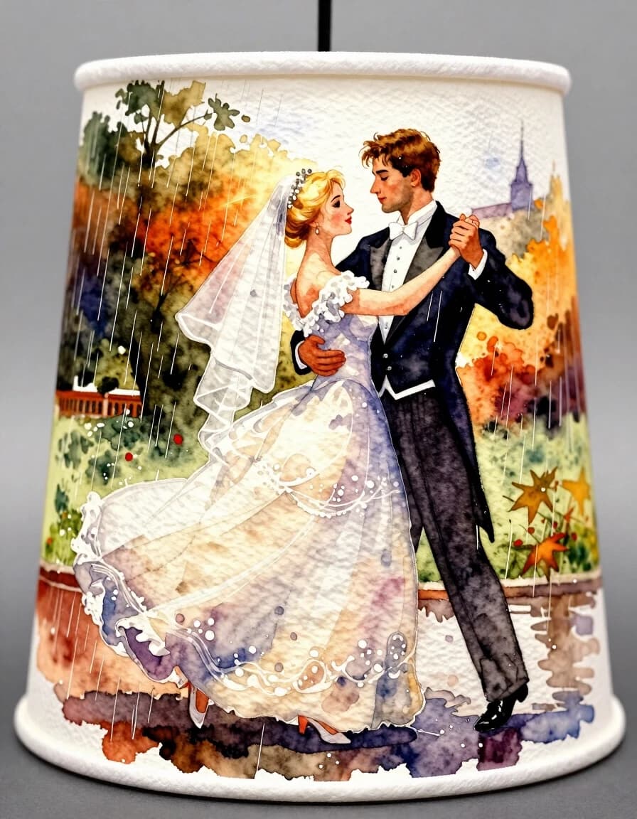 A masterpiece. Creating an image. The style is watercolor painting. Delicate watercolor on raw, on paper lampshade.((Against the background of an autumn landscape, dancing in the warm rain, in the foreground a beautiful blonde girl, expressive eyes, clear facial features, in a wedding dress and veil, and a handsome young man in a tuxedo, in full height, dancing together, holding hands, waltz Boston in the warm summer rain, the sun is shining:1.6)). High resolution. High detail and clear texture. Close-up. High quality. Increased attention to small details. The aspect ratio is 3:4. The artists are Levitan, Shishkin.