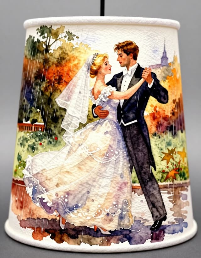 A masterpiece. Creating an image. The style is watercolor painting. Delicate watercolor on raw, on paper lampshade.((Against the background of an autumn landscape, dancing in the warm rain, in the foreground a beautiful blonde girl, expressive eyes, clear facial features, in a wedding dress and veil, and a handsome young man in a tuxedo, in full height, dancing together, holding hands, waltz Boston in the warm summer rain, the sun is shining:1.6)). High resolution. High detail and clear texture. Close-up. High quality. Increased attention to small details. The aspect ratio is 3:4. The artists are Levitan, Shishkin.