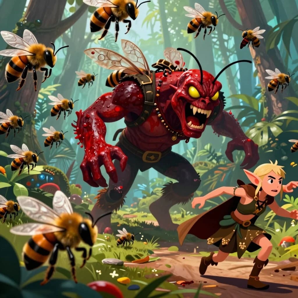 In the tropical forest, a huge bloodthirsty swarm of bees is chasing a forest elf, who is fleeing in terror, The Elder Scrolls Universe, жанр дарк фэнтези