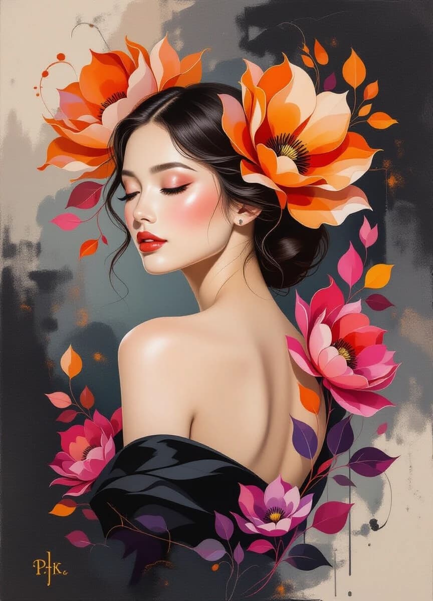 A mixed-media fine art portrait of a beautiful woman viewed from behind in soft profile, her eyes gently closed in calm introspection, with pale porcelain-like skin that glows luminously against the composition. Her serene face and graceful shoulder curves are highlighted by soft, dramatic lighting that emphasizes the delicate transitions between light and shadow. Across her back blooms a large, expressive floral composition in intense orange and vibrant pink petals, blended with touches of muted violet and warm ochre, the flowers appearing to grow organically from her skin in an abstract, painterly style. The background features deep textured dark grey with subtle abstract layers, while the piece showcases visible brush strokes, layered pigment, and slight impasto in the floral areas, with gentle paint drips adding emotional intensity to this intimate and powerful vertical composition.