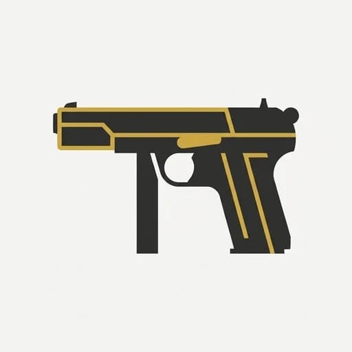 Minimalist vector logo icon. Two uppercase letters "T" interlocked to form the silhouette of a classic Tokarev TT pistol. The vertical stems create the barrel and grip, the horizontal crossbars form the trigger guard and hammer. Geometric, sharp angular lines, brutalist architecture influence. Negative space used for the trigger area. Color palette: dark graphite (#2C2C2C) for the solid shapes, and premium matte gold (#D4AF37) for the barrel outline and accent lines. Background: transparent or off-white. Extremely bold silhouette, scalable down to favicon size. No gradients, no photorealistic textures. Style: modern corporate, Swiss Style. --ar 1:1 --v 6.0 --s 400 --no realistic, shadows, clutter, generic letters, soft curves
