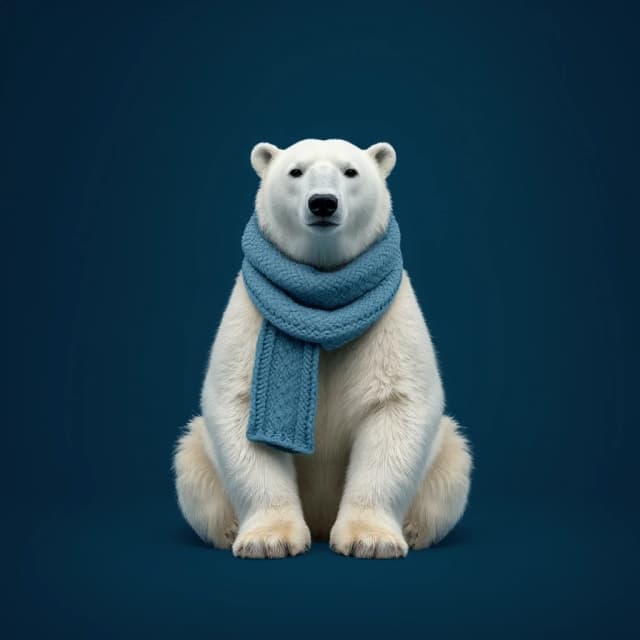 Draw a symmetrical frontal frame in the style of Wes Anderson for the A6 format. In the center is a full—length polar bear, sitting calmly, with a soft knitted scarf of dusty blue around its neck. The background is a deep matte blue, almost monochrome. Palette: blue, white, cream, warm beige. The lighting is soft, like the warm glow of a lamp from the side. High detail: the texture of fluffy wool and scarf loops is visible, the anatomical proportions are precise. No labels. 8K, cinematic frame.