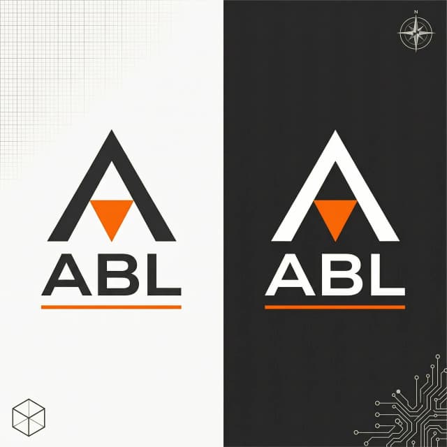 Modern logo for an engineering company ABL. A stylized letter A made from three sharp triangles. Use a technical, clean look. Color palette: dark charcoal gray and bright orange. Flat vector style, no textures. Works well in monochrome and on dark backgrounds
