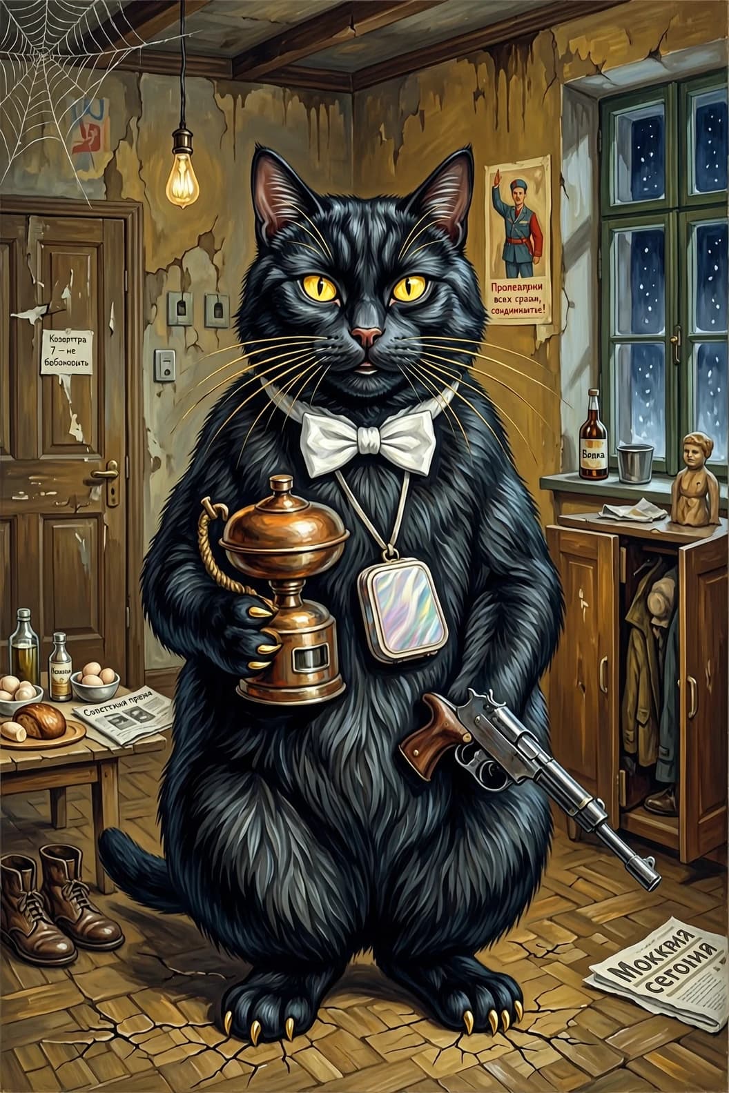Огромный чёрный кот размером с кабана, жирный, тяжёлый. Стоит на задних лапах. Шерсть чернее сажи, отчаянные кавалерийские усы, круглая голова, острые уши, пухлые лапы. На шее — белый фрачный галстук-бабочка, на груди — перламутровый дамский бинокль на ремешке. Усы и когти позолочены. В одной лапе держит примус времен НЭПа (керосиновая горелка с медными деталями), в другой — маузер (пистолет C96). Наглая, хитрая усмешка, глаза горят жёлтым. Фон — коммунальная квартира или мрачный московский интерьер 1920-х. Стиль — иллюстрация к Булгакову, тёмное фэнтези, масло, драматичный свет.