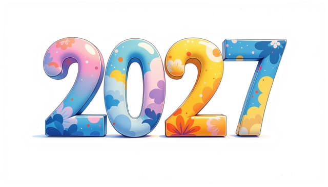 17)	Крупные, чёткие объёмные цифры «2027» на изолированном чистом белом фоне. Каждая цифра «2», «0», «2», «7» написано идеально правильно и разборчиво. Мягкие округлые формы. Свежая весенняя палитра: нежный пастельный салатовый цвет, плавно переходящий в светлый небесно-голубой и лимонные оттенки. Мягкая акварельная текстура, лёгкий 3д-объём, воздушный и чистый дизайн, шедевр, 8к