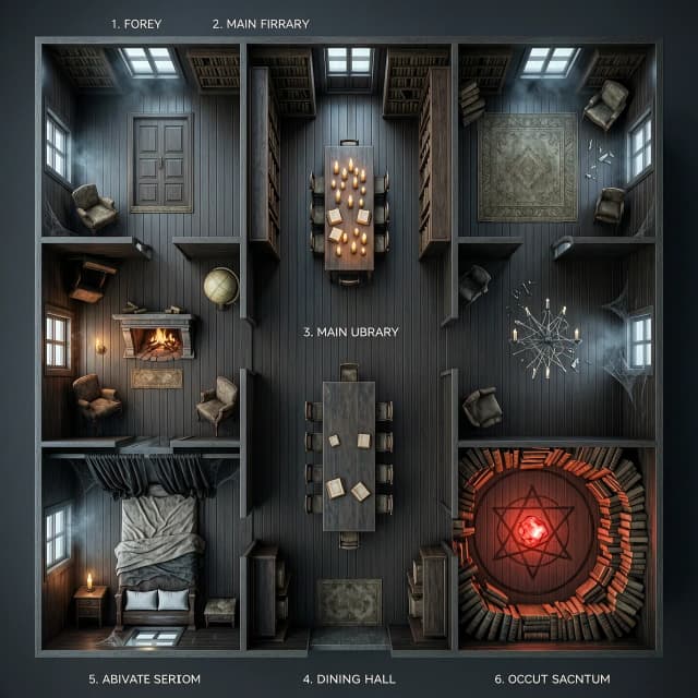 Photorealistic 3D architectural rendering, strict top-down 90-degree overhead view, looking straight down at a massive dark haunted gothic library mansion. The layout shows a complete floor plan with exactly 6 separate interconnected rooms with visible walls, shown as a 3D diorama. NOT a 2D blueprint, NOT a flat schematic.
Room 1 (Foyer): heavy oak double doors, a dusty entry rug.
Room 2 (Main Library): towering dark mahogany bookshelves against all walls, a giant central wooden reading table with melted candles and open books.
Room 3 (Private Study): a stone fireplace with dying embers, an antique armchair, and a celestial globe.
Room 4 (Dining Hall): a massive long dark wood table with 8 rotting chairs, a shattered chandelier lying on the floor.
Room 5 (Abandoned Bedroom): a dusty canopy bed with torn dark curtains, a small nightstand with a flickering candle.
Room 6 (Occult Sanctum): a circular room with a dark pentagram drawn on the floor, chaotic towers of ancient books, and a glowing eerie red stone.
Atmosphere: extremely dark, spooky, abandoned, cursed. Thick cobwebs in the corners, heavy floating dust particles. Cinematic horror lighting: deep black shadows, dim candlelight, volumetric fog, and patches of cold moonlight shining through a few small windows.
Textures and colors: deep blacks, ruined dark browns, and muted blood-red. Rich wooden floorboards, tattered rugs. Highly detailed 3D environment, Octane Render, Unreal Engine 5, photorealistic, volumetric lighting, masterpiece, 8k, --ar 4:3**