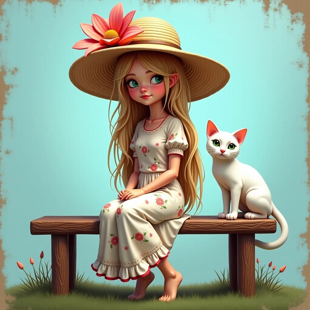 The image is a digital art piece that features a young woman with long blonde hair and a large straw hat with a large flower on top. She is wearing a white dress with a floral pattern and is sitting on a wooden bench. Next to her, there is a white cat with green eyes sitting on the bench. The background is a light blue color with a grungy texture. The overall mood of the image is dreamy and ethereal.