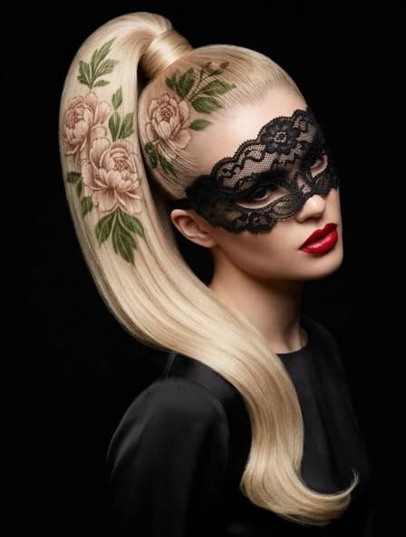Photo. Black background. Model photo for a fashion and creative hairdresser magazine. Close-up. Blonde with smooth hair. Face with a lace half-mask in the shadows, red lips. The main focus is on the hairstyle, with hair pulled back in a high ponytail. The hair is light and smooth, with a stencil-like pattern. The pattern resembles peony flowers and green leaves. A black silk dress can be seen. The model's pose and posing. The smooth and silky long hair lies on the left shoulder, creating a beautiful curve. The image exudes charm. It is a masterpiece of hairdressing art.