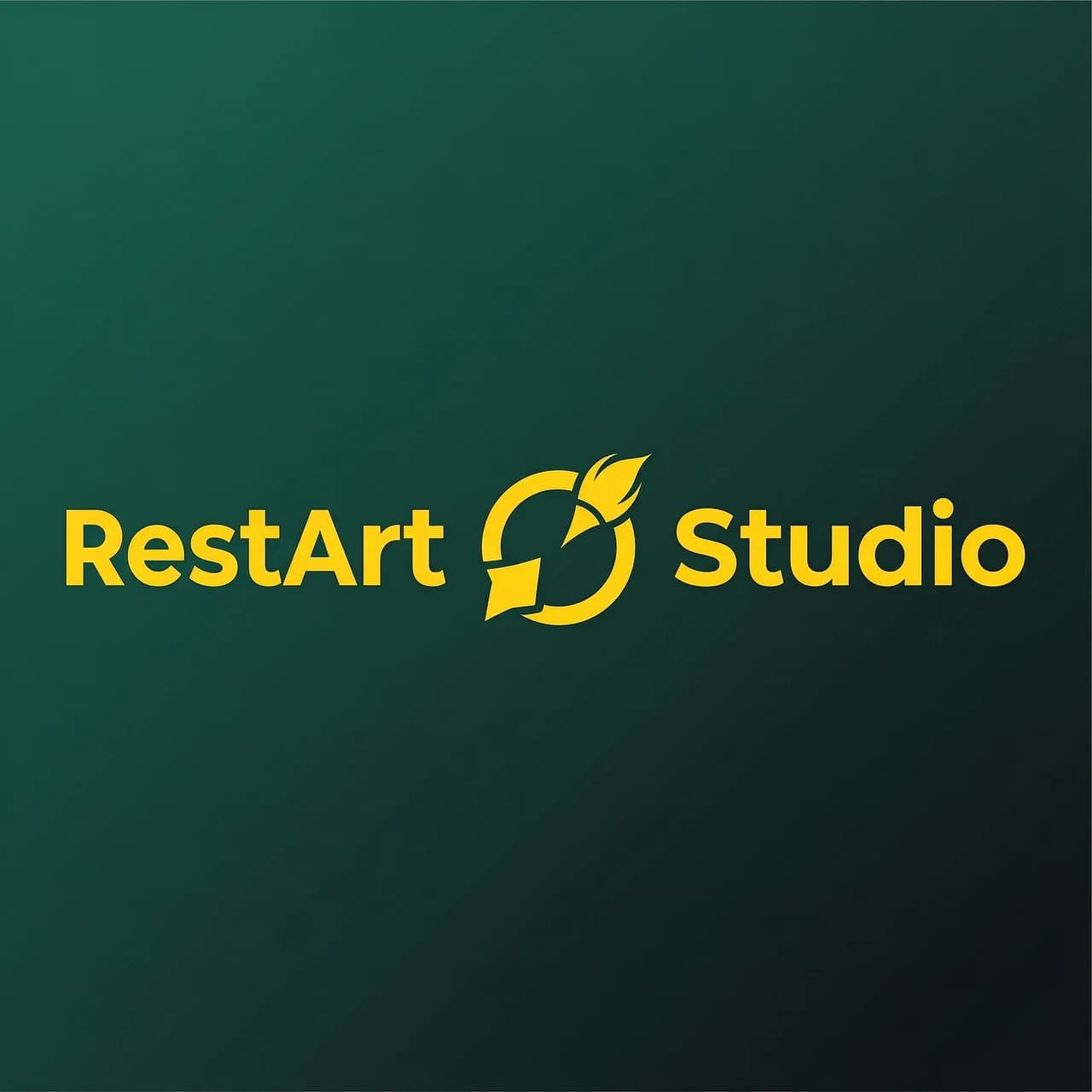 Логотип для студии детейлинга.
Название: RestArt Studio
Композиция по горизонтали: слева слово "RestArt", по центру знак перезагрузки, справа слово "Studio".

Знак перезагрузки:
- Круглая стрелка, замкнутая в кольцо (⟳)
- Стрелка выполнена в виде кисточки — хвост стрелки превращается в тонкий кончик кисти
- Сама кисть графичная, без ворса, без капель, без мазков — только строгий контур
- По размеру равна высоте букв
- Расположена строго между словами на одной линии с текстом

Цвета:
- Фон: мягкий градиент от тёмно-изумрудного (#003D2E) до глубокого чёрно-зелёного (#001A14)
- Все буквы: только ярко-жёлтые (#FFD700)
- Знак перезагрузки в виде кисточки: ярко-жёлтый (#FFD700)
- Больше никаких цветов нет

Шрифт:
- Строгий геометрический шрифт без засечек (как Helvetica, Gotham, Montserrat)
- Все буквы заглавные, ровные, чёткие, жирное начертание (Bold)
- Никаких курсивов, наклонов, декора

Строгие требования:
- Никаких брызг, капель, мазков, полос, лучей
- Никаких теней, объёмов, 3D, свечений
- Никаких лишних элементов
- Только: слово "RestArt" + знак перезагрузки в виде кисточки + слово "Studio" на градиентном фоне
- Стиль: минимализм, плоский вектор, строгая геометрия
- Горизонтальная центрированная композиция