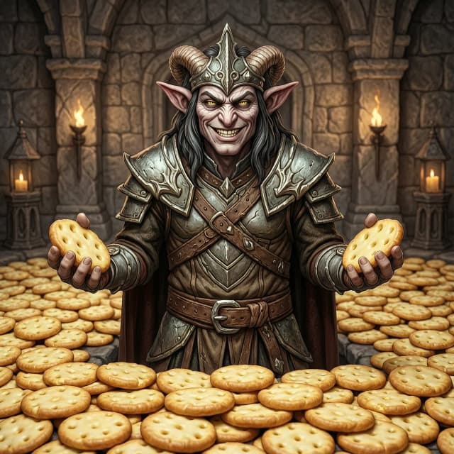 Mad Daedra Prince Sheogorath in his familiar appearance from The Elder Scrolls, surrounded by a huge number of cheese circles. Rejoices and grins at the same time. Соотношение сторон: 16:9
