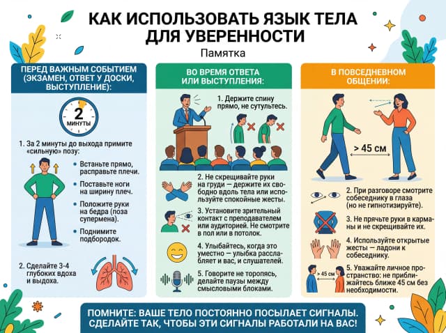 Памятка «Как использовать язык тела для уверенности»
Перед важным событием (экзаменом, ответом у доски, выступлением):
    1. За 2 минуты до выхода примите «сильную» позу:
        ◦ Встаньте прямо, расправьте плечи.
        ◦ Поставьте ноги на ширине плеч.
        ◦ Положите руки на бёдра (поза «супермена»).
        ◦ Поднимите подбородок.
    2. Сделайте 3–4 глубоких вдоха и выдоха.
Во время ответа или выступления:
    1. Держите спину прямо, не сутультесь.
    2. Не скрещивайте руки на груди — держите их свободно вдоль тела или используйте спокойные жесты.
    3. Установите зрительный контакт с учителем или аудиторией. Не смотрите в пол или в потолок.
    4. Улыбайтесь, когда это уместно — улыбка расслабляет и вас, и слушателей.
    5. Говорите не торопясь, делайте паузы между смысловыми блоками.
В повседневном общении:
    1. Следите за осанкой всегда, не только когда на вас смотрят.
    2. При разговоре смотрите собеседнику в глаза (но не гипнотизируйте).
    3. Не прячьте руки в карманы и не скрещивайте их.
    4. Используйте открытые жесты — ладони к собеседнику.
    5. Уважайте личное пространство: не приближайтесь ближе 45 см без необходимости.
Помните: ваше тело посылает сигналы постоянно. Сделайте так, чтобы эти сигналы работали на вас!
ТЕКСТ ДОЛЖЕН БЫТЬ НА РУССКОМ