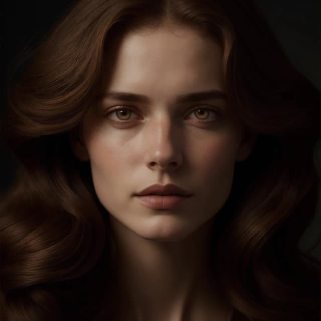 A close-up portrait of a stunningly beautiful 22-year-old woman, exuding the vibrant aesthetics of high fashion. A rough diamond-like face with regular, European features, medium-round, expressive cheekbones, and a straight, midline nose. Her gaze is intelligent, profound, reserved, and well-read. A distinct jawline and graceful, symmetrical lips of a natural, deep berry shade are accented by perfectly defined, smooth, dark brown eyebrows with stray hairs and a soft arch. A piercing, hypnotic gaze emerges from large, slightly correctly positioned, slanted, light hazel eyes with perfect eyelids, looking directly at the viewer. A truly lifelike face, flawless, satiny skin with a light, natural, matte finish, and realistic skin microtexture, without plastic or harsh retouching. A luxurious head of voluminous, thick, chestnut-colored hair with a soft wave frames the face. Soft cinematic light, deep rich shadows, professional coloring, photorealistic, masterpiece