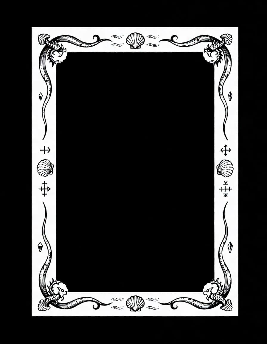 An elegant decorative frame for a fantasy book dictionary of an ancient underwater civilization. Pure white background. Fine black ink engraving, vintage scientific-book illustration style. A thin rectangular ornamental frame made of flowing seaweed, delicate shells, small marine dragons, tiny crystals and subtle ocean waves. The corners contain graceful curled dragon tails and shell motifs. Small geometric symbols inspired by an ancient underwater writing system are integrated naturally into the ornament. Refined, symmetrical, airy composition, thin clean lines, black ink only, no gray fills, no color, no text, no letters, no background texture, suitable for a printed book page.
