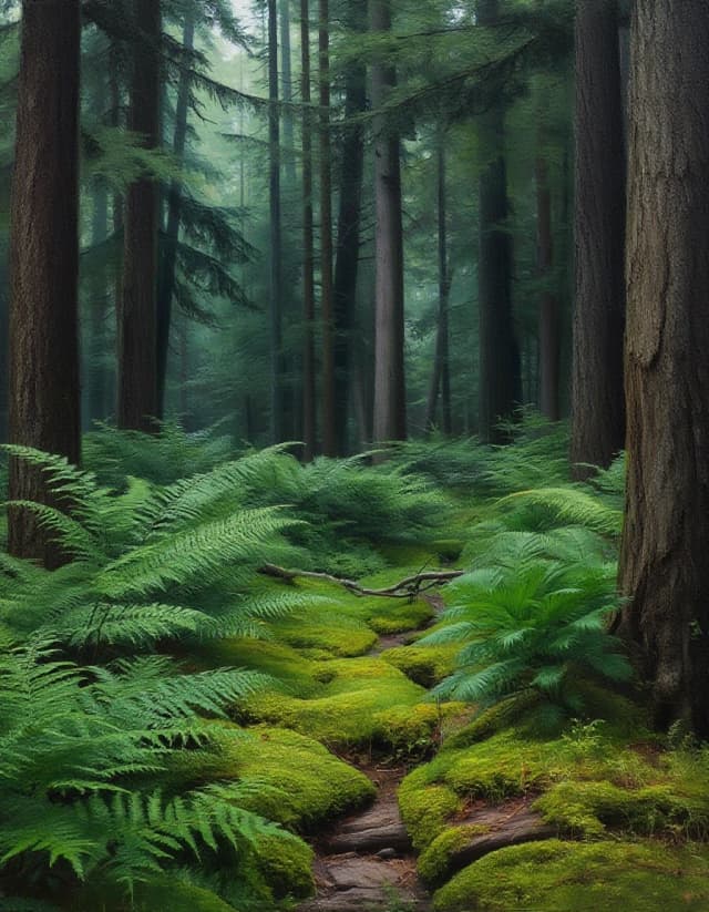 A masterpiece. Creating an image. Style - oil painting. ((A secluded forest glade among ferns and moss:1.6)). High resolution. High detail and clear texture. Close-up. High quality. Increased attention to small details. The aspect ratio is 3:4. The artists are Levitan, Shishkin.