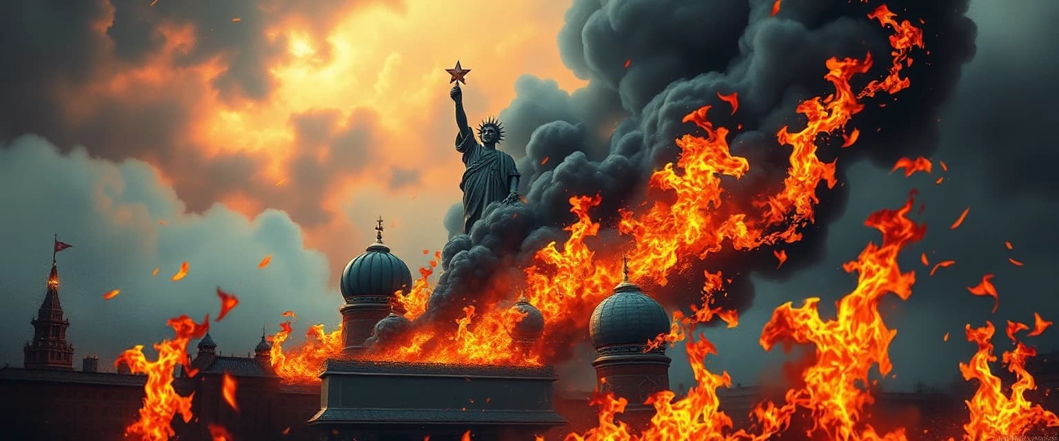 Painting, "The Fall of the Soviet Union", Burning, vibrant art, (digital art by Kurzgesagt:1.1) , Naturecore, Indirect light, painterly, fine detail, aesthetic, glossy, enhanced quality, dynamic dramatic composition, cute, dynamic cinematic color, highly contrasted, dynamic dramatic atmosphere, highly enhanced, perfect composition