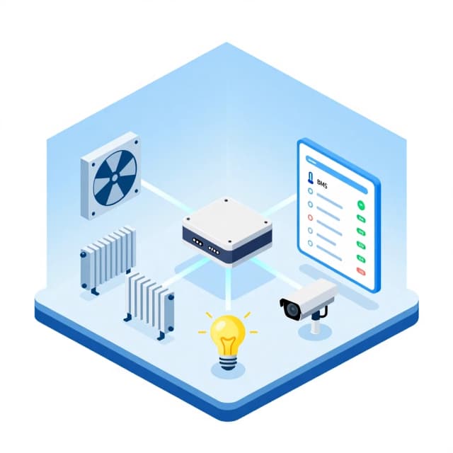 Isometric cutaway view of a smart commercial building with transparent walls. Inside, distinct icons represent key systems: a fan for ventilation, a radiator for heating, a light bulb for lighting, and a security camera. A small white industrial controller (edge gateway) floats in the center, connected to each icon by glowing lines. A floating dashboard panel next to it displays simple numbers for temperature, humidity, and system status. Style: clean infographic, isometric vector illustration, bright daylight colors, minimal shadows, white and light blue background, professional BMS advertising, clear and understandable. --ar 16:9