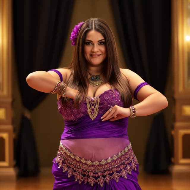 front view chubby belly dancer forty years woman in purple costume brown straight hair stand in hall