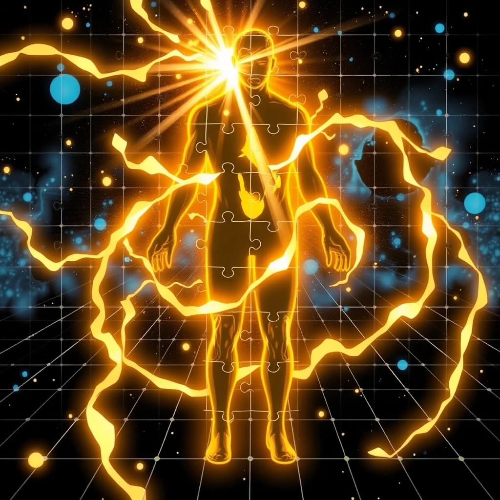 A human figure reassembling from puzzle pieces of light. Each piece floats into place, forming a glowing whole. The background is a cosmic grid of energy. Style: sci-fi comic art, gold, blue, black, geometric precision, wholeness.