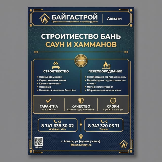 Я занимаюсь строительством бань саун хамам бассейнов , также переоборудованием под газ и электрокаменки гарантия качество Алматы , номер телефона 87476383002 87473200371