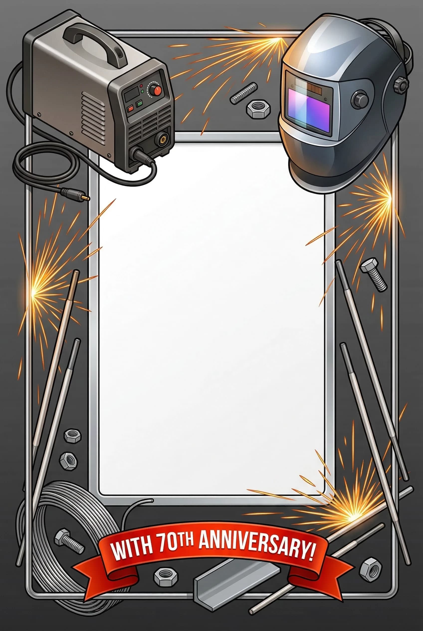 Create an A4-format illustration of a decorative congratulatory frame designed to hold a 10×15 cm photo in the center.
Layout:
* Top left corner: a detailed image of a compact welding machine (in a side view, showing the body, cable, and control panel).
* Top right corner: a close-up of a modern welder's protective mask (visor down, with a reflective surface).
* Frame border: intricately weave in thematic elements: bright sparks flying in arcs, several welding electrodes of different lengths, coiled welding wire, small metal parts (nuts, bolts, a piece of angle iron), and thin metal rods forming the frame's structure.
* Bottom center: place a festive congratulatory ribbon. On it, write the text "с 70‑летием!" in bold, clear capital letters.
Style: clean, modern industrial design with a touch of festivity. Use metallic grays, blacks, and silvers as the base, accented with bright orange and yellow sparks and a vibrant red ribbon. High detail, sharp focus, isometric view.